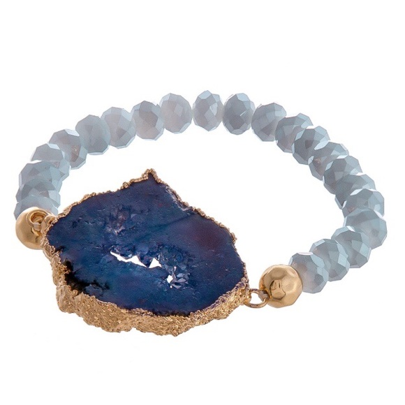 Jewelry - Blue Druzy Geode Beaded Stretchy Bracelet Stone